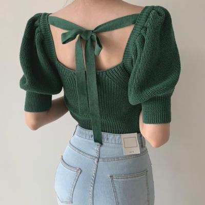 China None None Wholesale 2020 spring and autumn square neck T-shirt hollow tie sleeve Korean elegant breath backless temperament knit T-shirt for sale