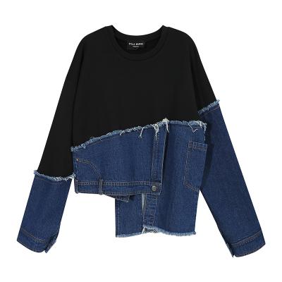 China 2021 Autumn And Winter Fashion Korean Long Sleeve T-shirt Casual Loose Irregular Pocket Denim Female T-Shirt for sale