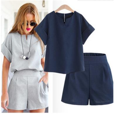 China 2021 new European and American styles viable wholesale viable plus size women's short-sleeved blouse shorts two-piece ladies casual suit for sale