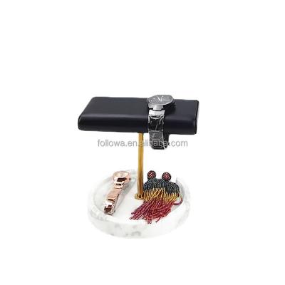 China Luxury Marble Watch/Bracelet/Necklace Display Stand Marble Tray Based Watch Holder Leather Stand Jewelry Display Clock Display Rack for sale