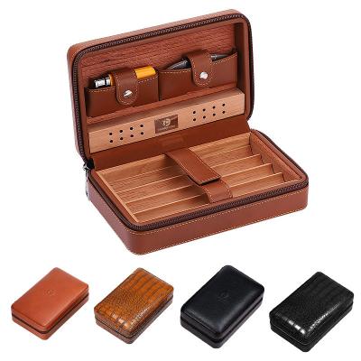 China Cigar Box Wooden Travel Hotel Home Business Genuine Leather Portable Humidor with Hygrometer Cigar Painting Box Display Custom Humidor for sale