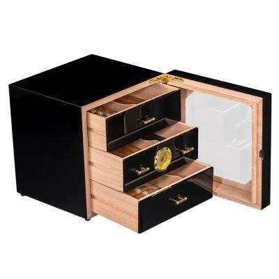 China Wholesale Home Luxury Three Drawers Business Travel Hotel Cubic Shape Cedar Wooden Cigar Humidor Box Cabinet for sale