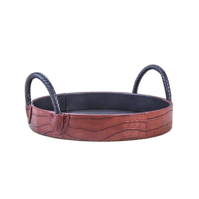 China PU leather & Custom Leather MDF Serving Trays Luxury Round Stool Tray With Handle Serving Tray for sale