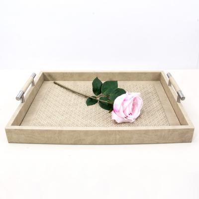 China PU leather & MDF Stool Luxury Leather Serving Tray With Metal Handle Custom Leather Food Tray For Hotel Lux Serving Tray for sale