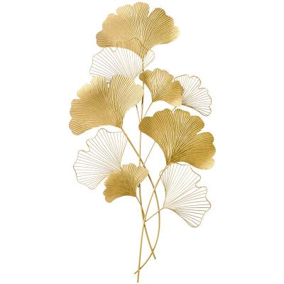 China Minimalist Gold Metal Art Wall Sculpture for Living Room Office Study Ginkgo Leaf Wall Hanging Gold Decor for sale