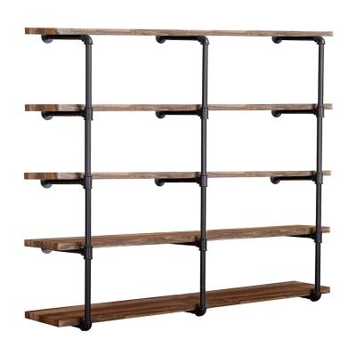 China Sustainable Vintage Retro Black Open Shelf DIY Storage Office Room Kitchen Shelves Industrial Wall Mount Iron Pipe Shelf for sale