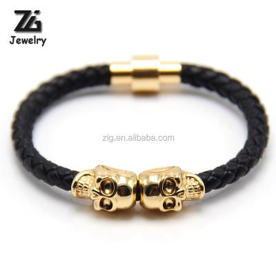 China 2021 Punk Style Fashion Magnetic Skull Wholesale Custom Mens Leather Bracelet With Logo for sale