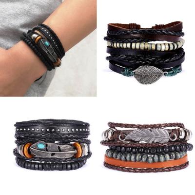 China Ethnic Hot Selling Men's Multilayer Leather Bracelet Set Wooden Beads Beaded Bracelet for sale