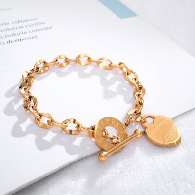 China Gold Romantic Heart Rose Roman Numeral Bracelet OT Buckle Pendant Stainless Steel Girl Bangle Jewelry For Party for sale