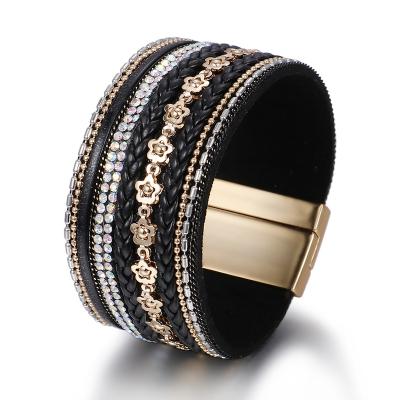 China FASHIONABLE Hot Selling Women's Leather Bracelet Flower Rhinestone Style Magnetic Buckle Decoration Bohemian for sale