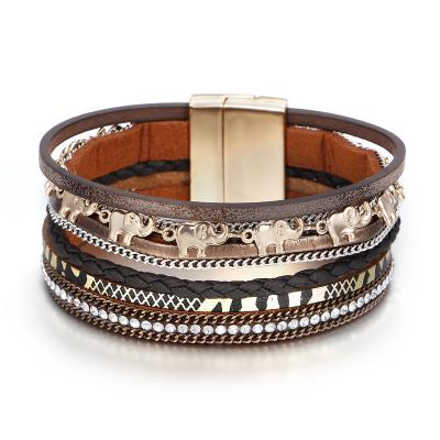 China Fashion TRENDY Elephant Dangling Hand - Woven Leather Women's Insta Inlaid Rhinestone Magnet Buckle Bracelet for sale