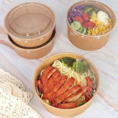 China Classic Disposable Kraft Paper Salad Bowl With Lids Around Shape Paper Rolls Kraft Paper Salad Bowl For Soup Cooks Salad Dessert for sale