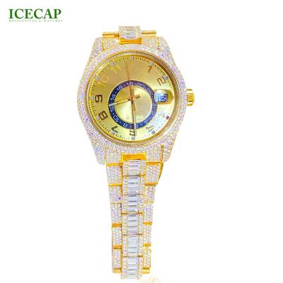 China ICEDCAP Fashion Waterproof High Quality Yellow Gold Plated Luxury Mens Watch Diamond Test Vvs Moissanite Iced Pass Out Custom Watch For Men for sale