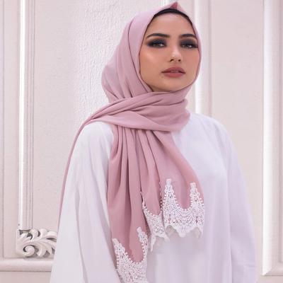 China New Flower Lace Scarf Bubble Chiffon Hijab Heavy Thick Simple Main Wear Women's Muslim Shawl for sale