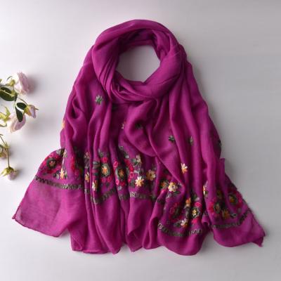 China Fashion Design Cotton Hijabs Scarf Solid Color With Floral Embroidered Scarf Beach Scarf For Women for sale