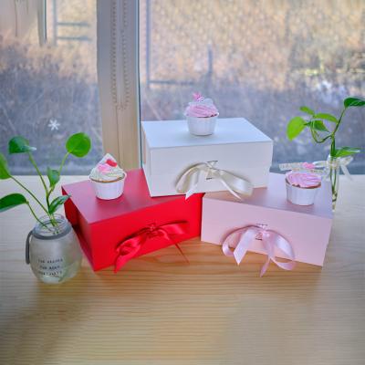 China Recycled Materials Rose Pink Foldable Magnetic Closure Ribbon Box Gift With Ribbon for sale