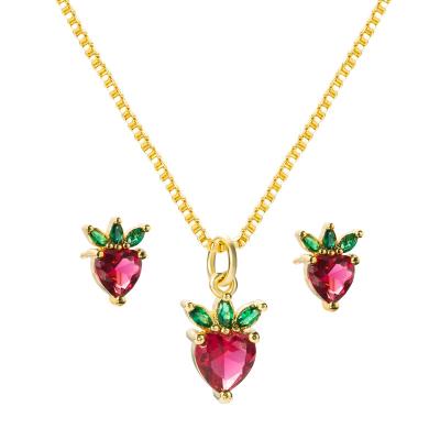 China CLASSIC Fashion Strawberry Pineapple Copper Zircon Stud Earrings Shape Clavicle Chain Necklace Pendant Jewelry Sets Christmas Gift for sale