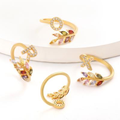 China INS FASHIONABLE Hot Selling Popular Leaf Design 26 Amazon English Letters Ring Real Gold Plated Adjustable Ring Jewelry For Women for sale