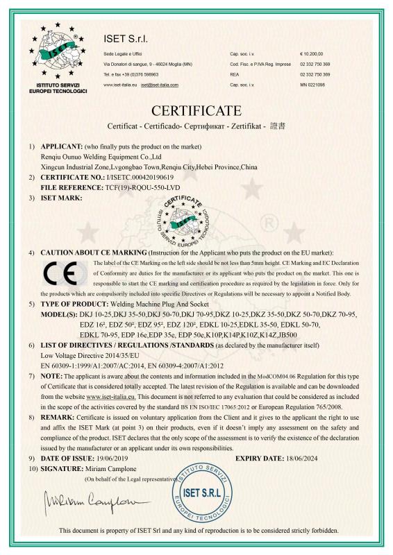 CE - Renqiu City Ounuo Welding Equipment Co., Ltd.