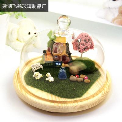 China China Micro Landscape Display Dome Clear Glass Flowers In Dome Glass Preserved Wooden Base for sale