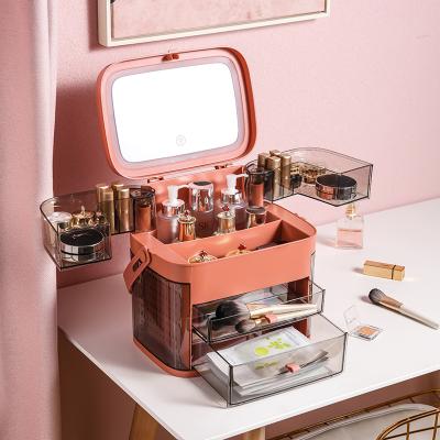 China LED cosmetics storage box cyber celebrity style desktop large capacity dressing table modern dustproof dustproof shelves for sale