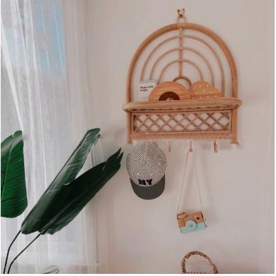 China Creative Stored Bedroom Storage Handmade Entryway Wall Hanging Shelf Hanger Rattan Coat Hook for sale