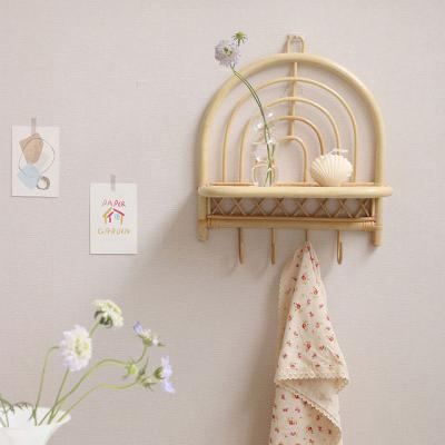 China Creative Stored Bedroom Storage Handmade Entryway Wall Hanging Shelf Hanger Rattan Coat Hook for sale