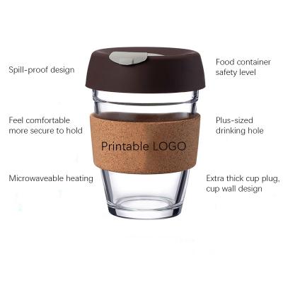 China Sustainable Non-Slip Coffee l Glass Small Portable Glass Coffee Cork Cover 12oz Mug With Lid for sale