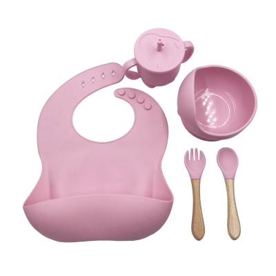 China Hot Selling Baby Kids Feeding Tableware Free Hot Sale Silicone Amazon Food Bowl Solid Silicone Cup with Straw Bib Spork 5 Piece Set for sale