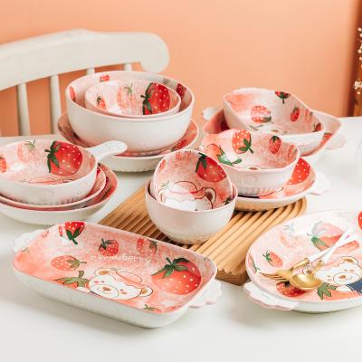 China Sustainable Cute Cartoon Design Strawberry Bear New Arrival Bone China Dinnerware Set Bowl Dishes& Dish for sale