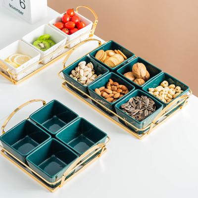 China Sustainable Square Serving Dish Porcelain Ceramic Snack Rolls White Ceramic Cake Snack Dish Set With Gold Tray for sale