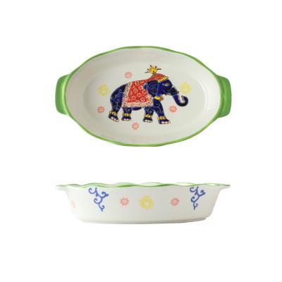 China Viable Japanese Ceramic Baking Tray Rectangular Oval Bakeware Pan with Double Hand Painted Handles for sale