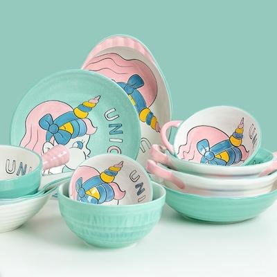 China Sustainable Cute Cartoon Tableware Ceramic Tableware Set Simple Bowl Handle Dish Household Restaurant for sale