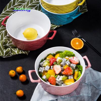 China High Capacity Sustainable Wholesale Mixing Bowl Ceramic Fruit Salad Deep Bowl With Two Handle for sale