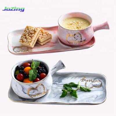 China Porcelain Marble Viable Veins at Gold Handle and Tray Breakfast Bowl for sale