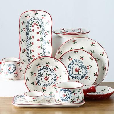 China Wholesale Viable Cherry Pattern Ceramic Tableware Hand Painted for sale