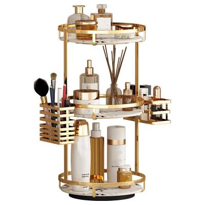 China Hot Selling Luxury Gold Metal 360 Rotating Makeup Organizer Cosmetic Storage Display with Lipstick Holder Stand Bathroom Corner Shelf for sale