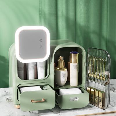 China Hot Sale Makeup Bin Skincare Dustproof Plastic Shelf Organizer Jewelery Stored Desktop Cosmetic Storage Box With LED Mirror for sale