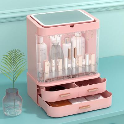 China New Design Popular Standing Plastic Green Cosmetic Clear Organizer Stocked Mirror LED Makeup Lid Makeup Storage Box for sale