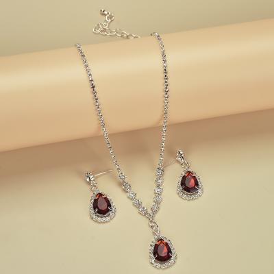 China FASHIONABLE Drop Shipping African Popular Jewelry Red Diamond Necklace Earrings Custom Women Jewelry Set for sale