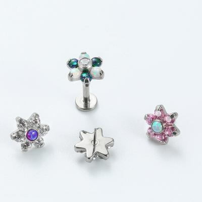 China ASTM F136 Threadless 7-Synthetic Titanium Opal And CZ Flower Top Push Pin Labret Stud Jewelry for sale