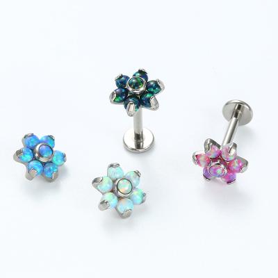 China Titanium Internal Threaded Labret Earrings Cartilage Jewelry With 6 Petal Opal Flower Top for sale