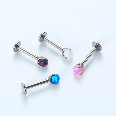 China ASTM F136 Titanium Titanium Internally Threaded Labret Stud With 3 Prong Set Synthetic Opal Stone Jewelry for sale