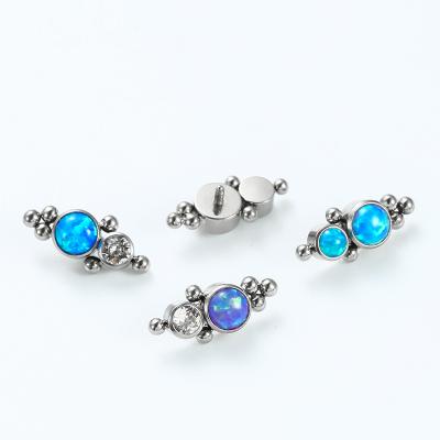 China ASTM F136 Titanium 6 Beads Threaded Bezel Set 2 CZ Gem And Synthetic Opal Cluster End for sale