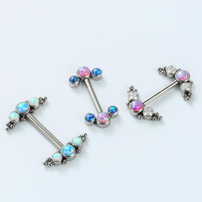 China ASTM F136 Threaded Nipple Titanium Internal Piercing Beaded Side Set Straight Barbells With Bezel Set 3 Opal Cluster Top for sale