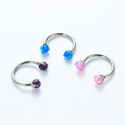 China Titanium 16G Internally Threaded Piercing Circular Barbell With 3 Prong Set 3mm Opal Stone for sale