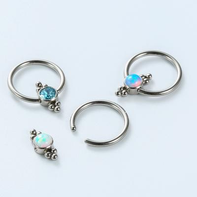 China ASTM F136 Titanium Captive Ring With Beaded Bezel 6 Set 2 Cabochon Opal Stone Cluster for sale