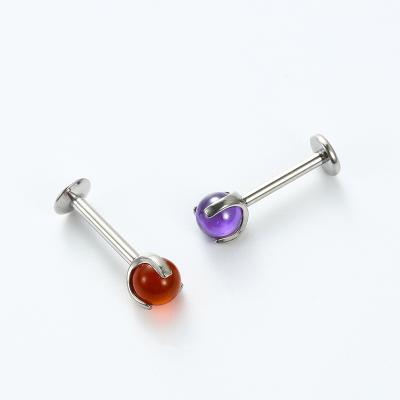 China Internally Threaded Labret ASTM F136 Titanium Titanium with 3 Prong Set Micro Red Agate and Amethyst Balls Dermal Top for sale