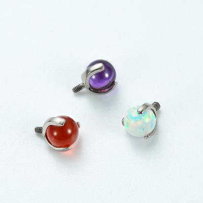 China ASTM F136 titanium titanium internal threaded dermal top with 3 prong set synthetic opal and amethyst ball and red onyx ball for sale