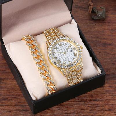 China Finetoo FASHIONABLE Hip Hop Bling Iced Out Crystal Cuban Chain Miami Zircon Men's Watch and Bracelet Set Men's Jewelry for sale